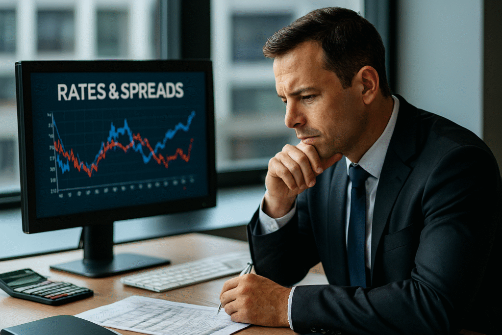 Spreads cambiais: o que são, como funcionam e como negociar melhores taxas um bancário em um es